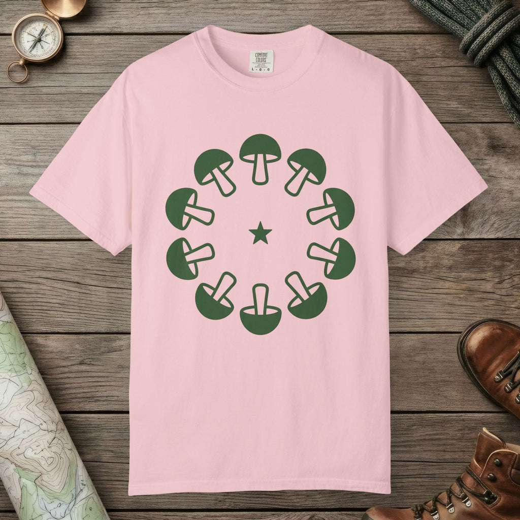 Blossom color unisex graphic t-shirt with "Celestial Mushroom Ring" design