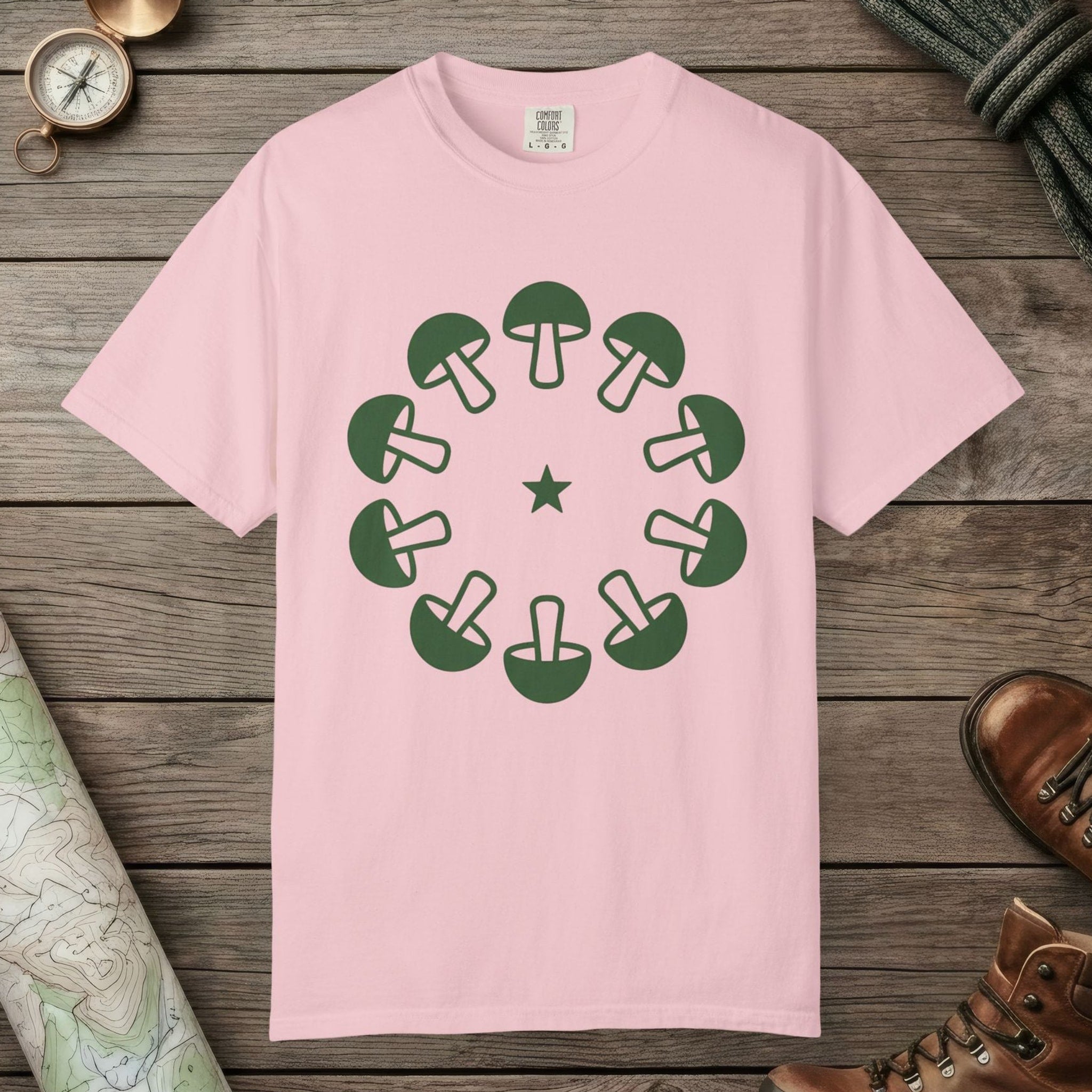 Blossom color unisex graphic t-shirt with "Celestial Mushroom Ring" design