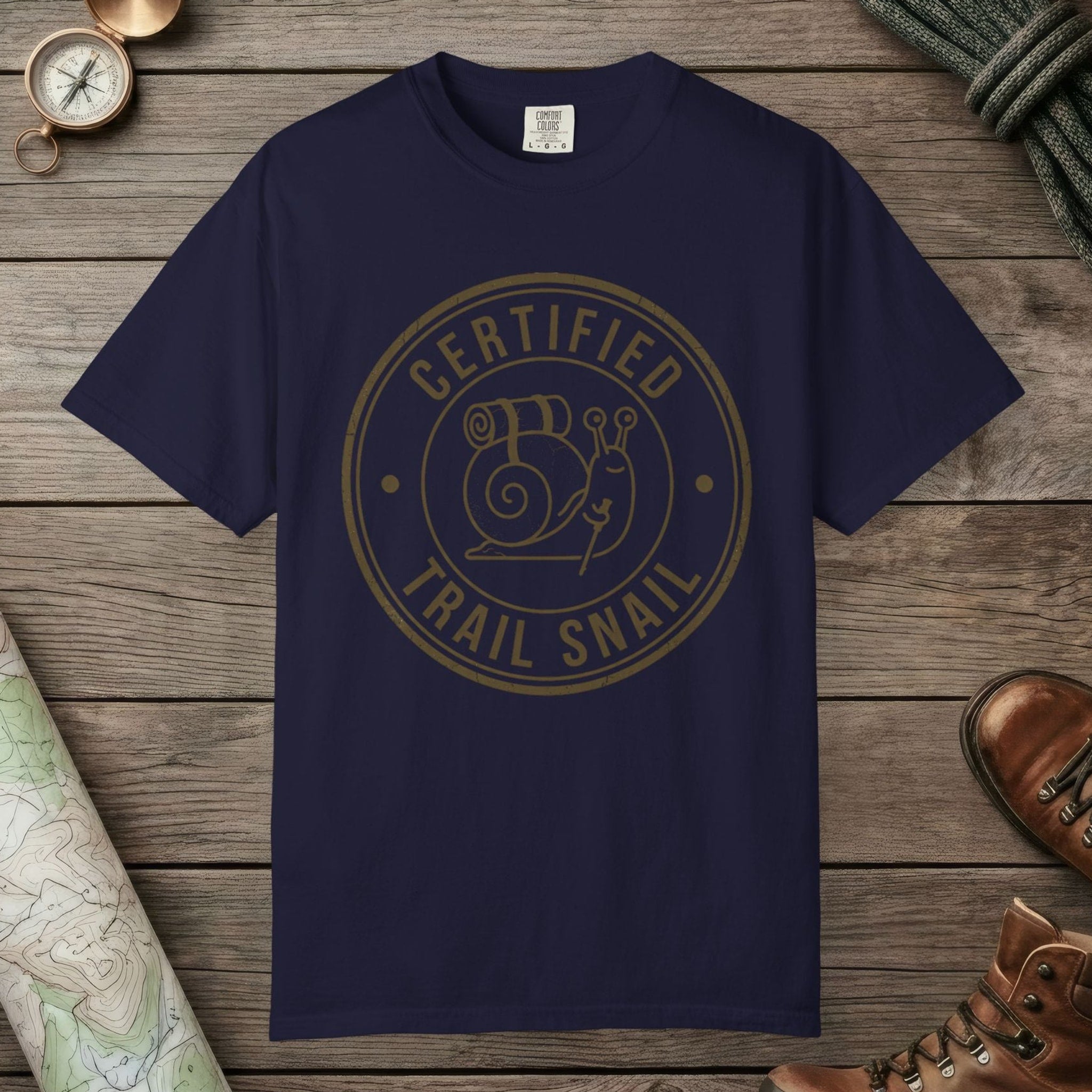 True Navy color unisex graphic t-shirt with "Certified Trail Snail" design