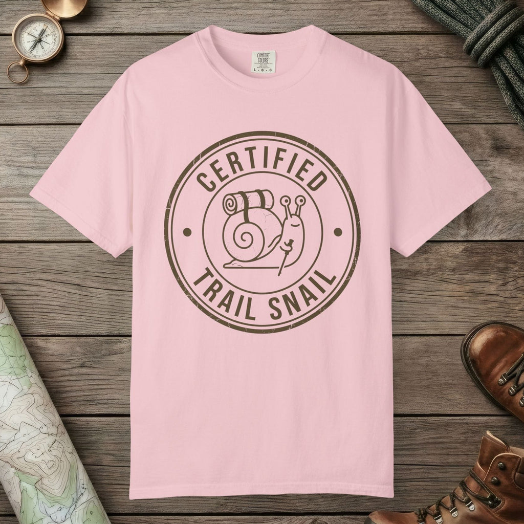 Blossom color unisex graphic t-shirt with "Certified Trail Snail" design