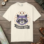 Ivory color unisex graphic t-shirt with "Chaotic Good Raccoon" design