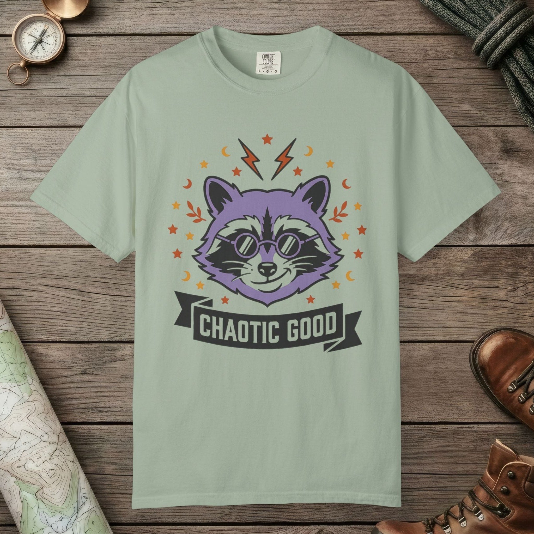 Bay color unisex graphic t-shirt with "Chaotic Good Raccoon" design