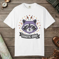 White color unisex graphic t-shirt with "Chaotic Good Raccoon" design