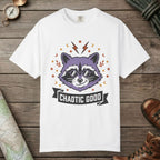 White color unisex graphic t-shirt with "Chaotic Good Raccoon" design