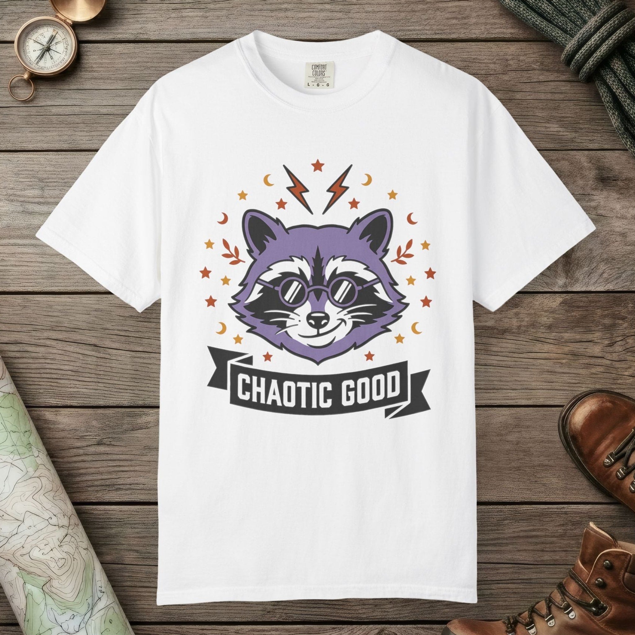 White color unisex graphic t-shirt with "Chaotic Good Raccoon" design