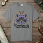 Grey color unisex graphic t-shirt with "Chaotic Good Raccoon" design
