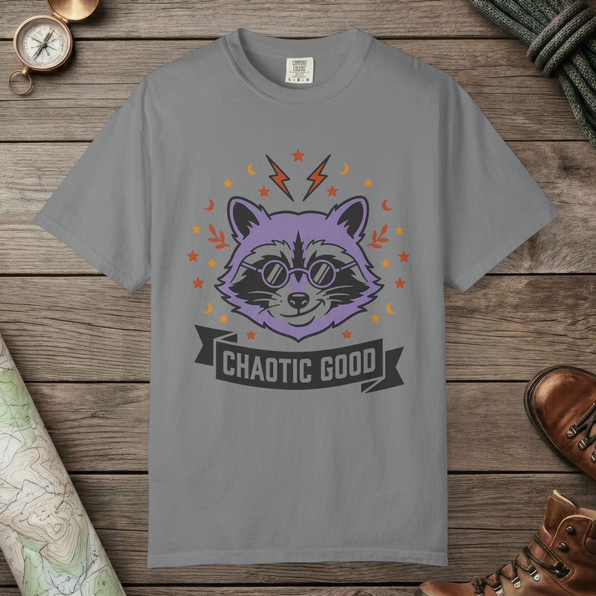 Grey color unisex graphic t-shirt with "Chaotic Good Raccoon" design