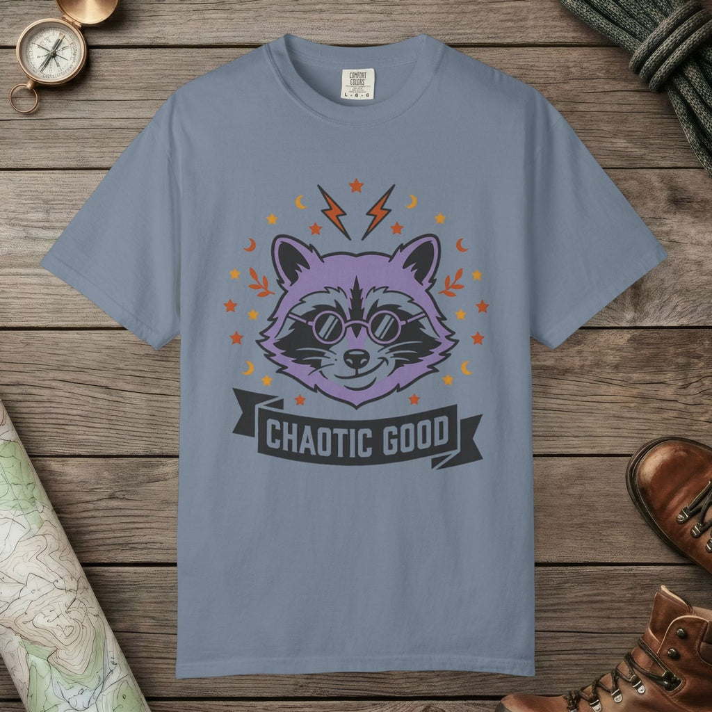 Blue Jean color unisex graphic t-shirt with "Chaotic Good Raccoon" design