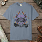 Blue Jean color unisex graphic t-shirt with "Chaotic Good Raccoon" design