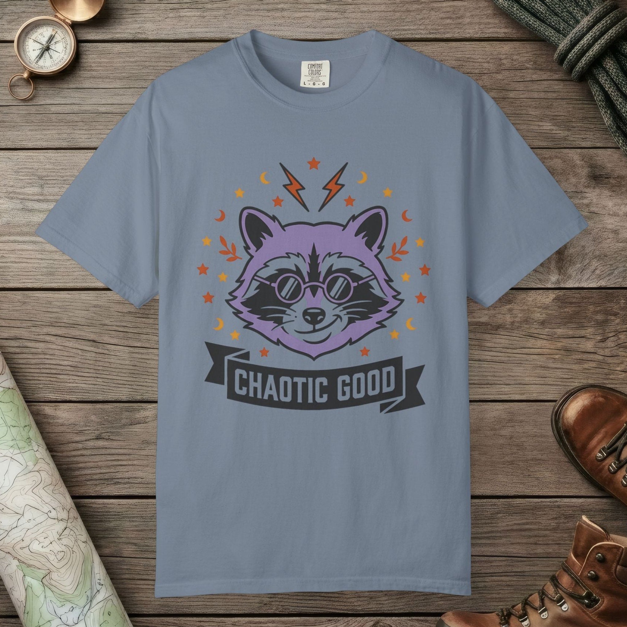 Blue Jean color unisex graphic t-shirt with "Chaotic Good Raccoon" design