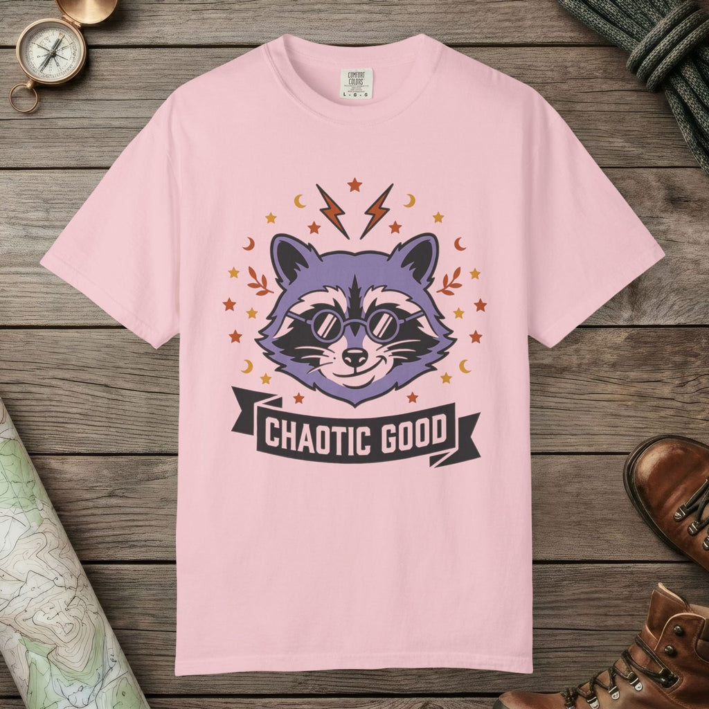 Blossom color unisex graphic t-shirt with "Chaotic Good Raccoon" design