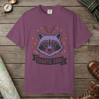 Berry color unisex graphic t-shirt with "Chaotic Good Raccoon" design