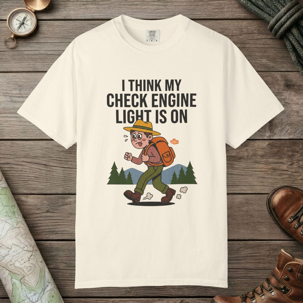 Ivory color unisex graphic t-shirt with "Check Engine" design