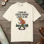 Ivory color unisex graphic t-shirt with "Check Engine" design
