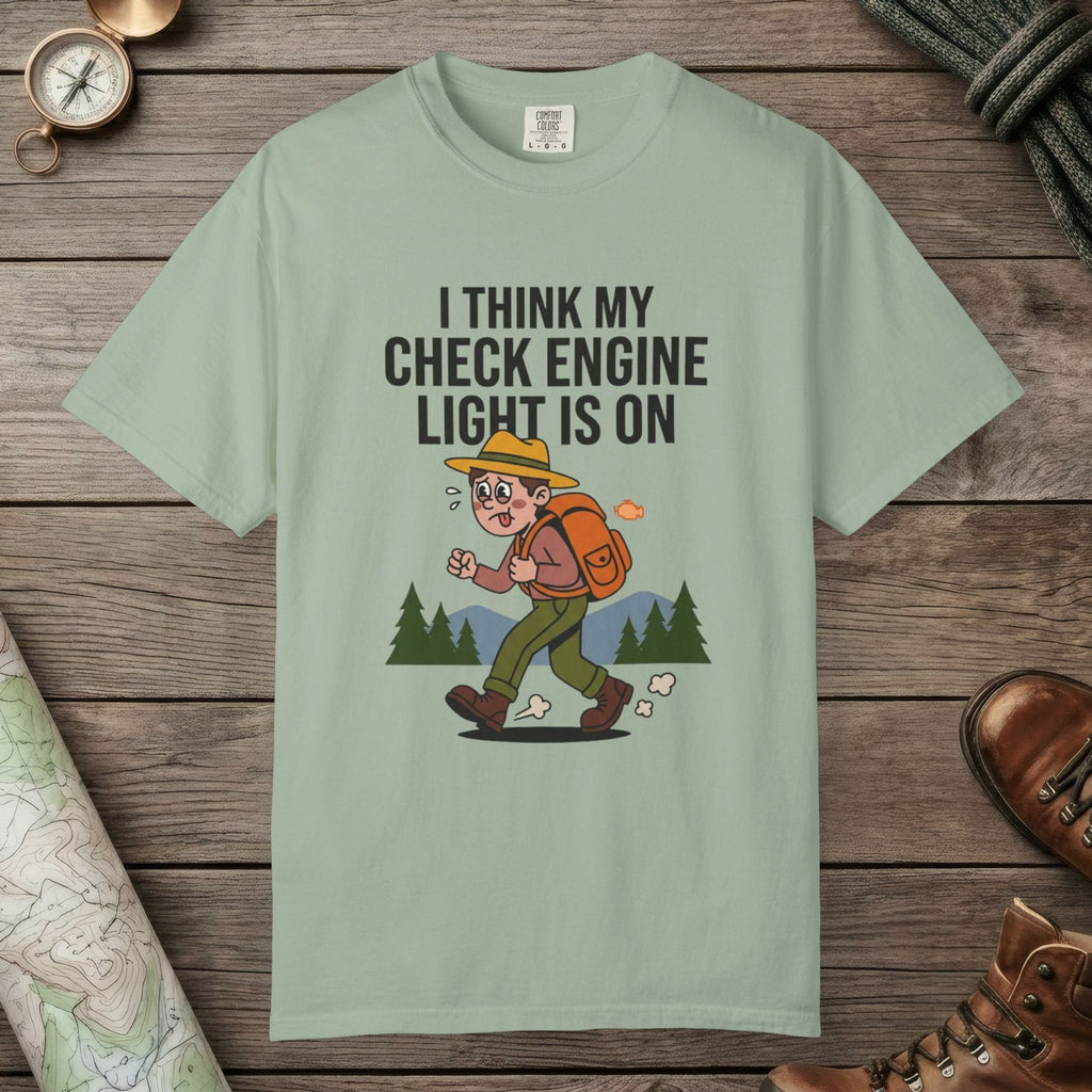 Bay color unisex graphic t-shirt with "Check Engine" design