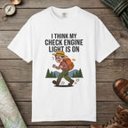 White color unisex graphic t-shirt with "Check Engine" design