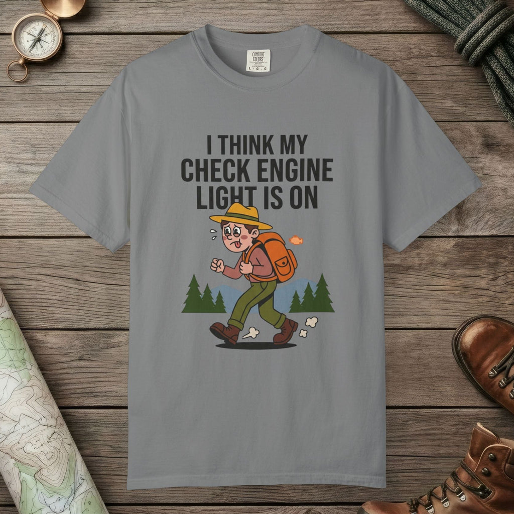 Grey color unisex graphic t-shirt with "Check Engine" design