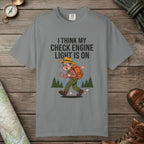 Grey color unisex graphic t-shirt with "Check Engine" design