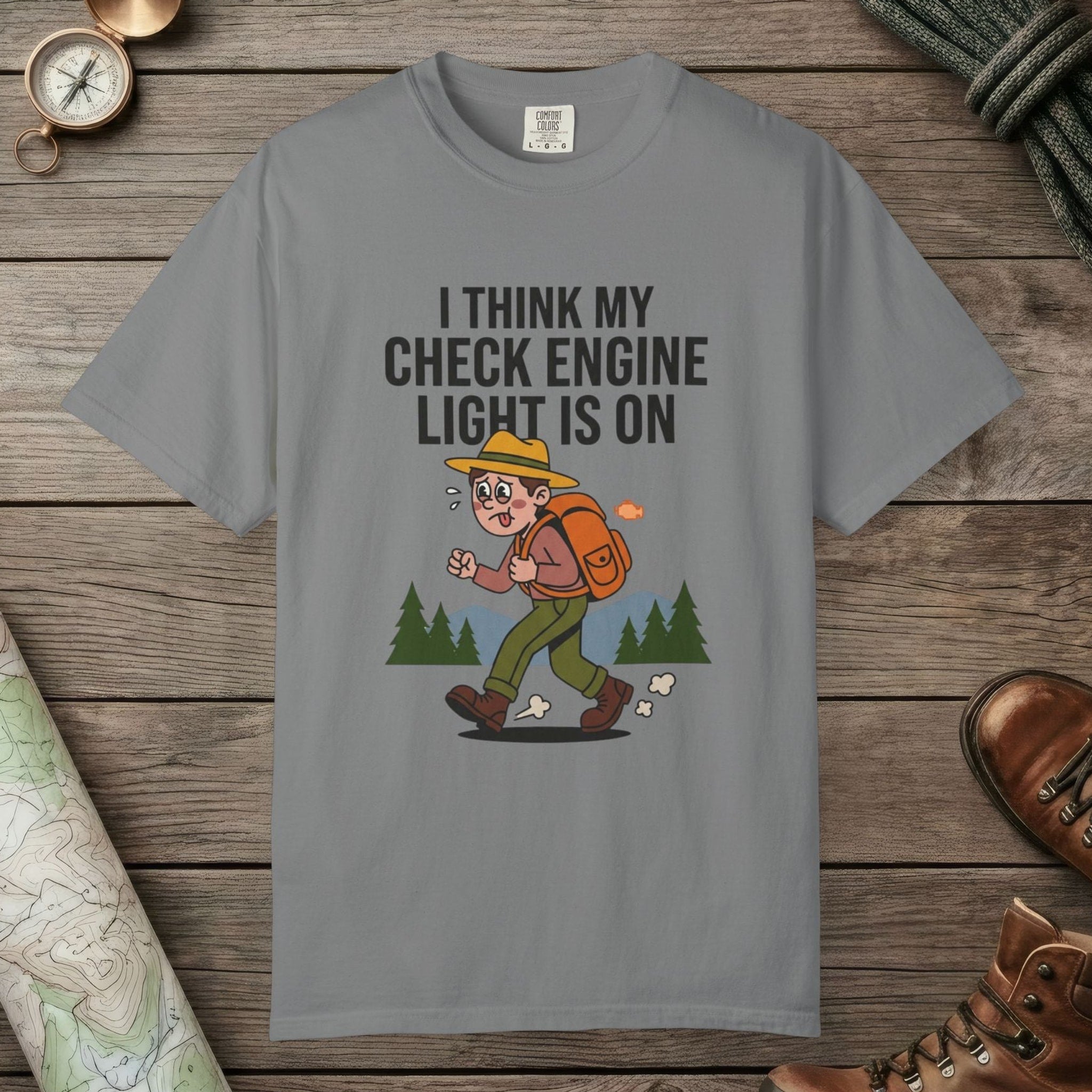 Grey color unisex graphic t-shirt with "Check Engine" design