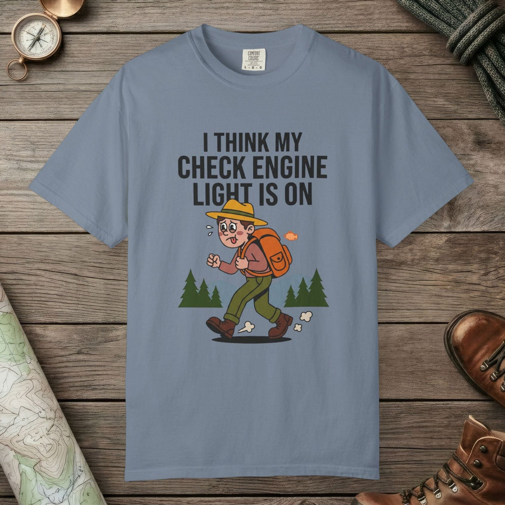 Blue Jean color unisex graphic t-shirt with "Check Engine" design