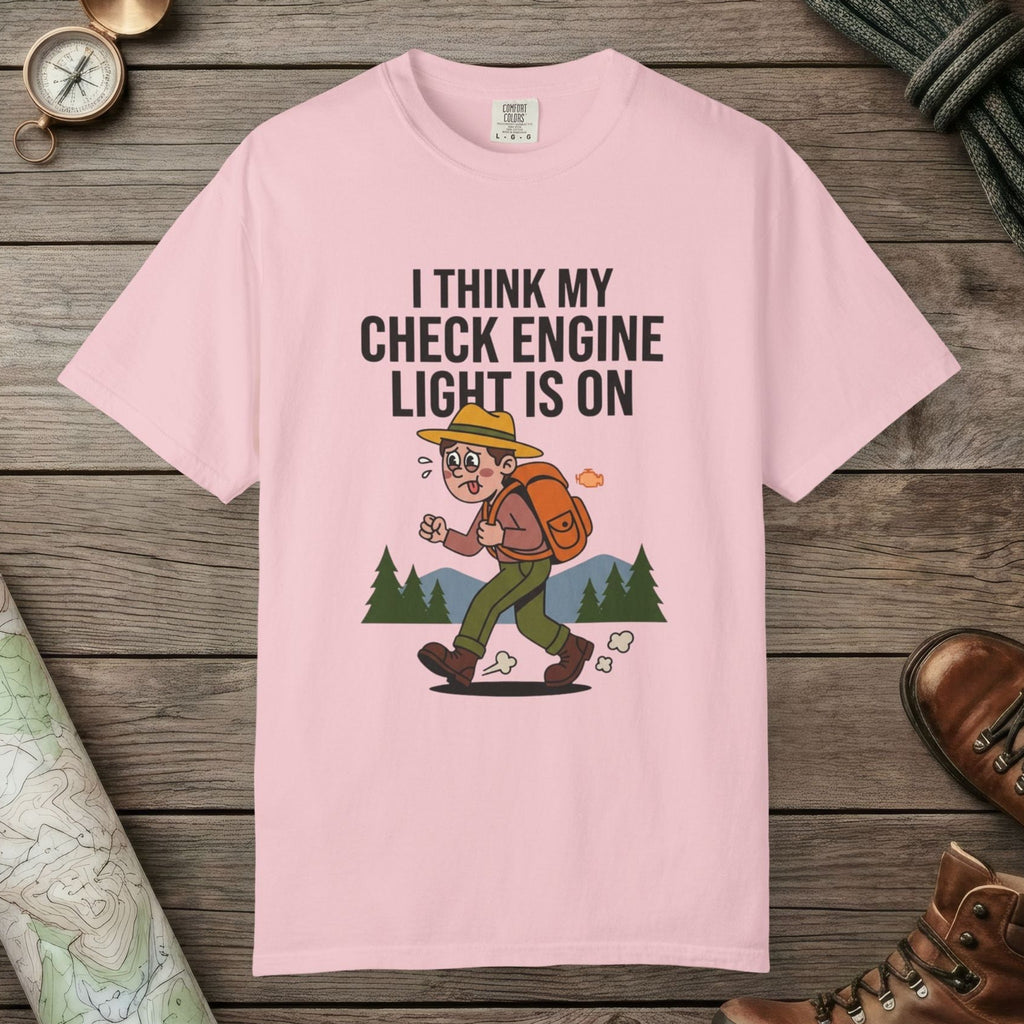 Blossom color unisex graphic t-shirt with "Check Engine" design