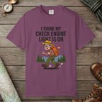 Berry color unisex graphic t-shirt with "Check Engine" design