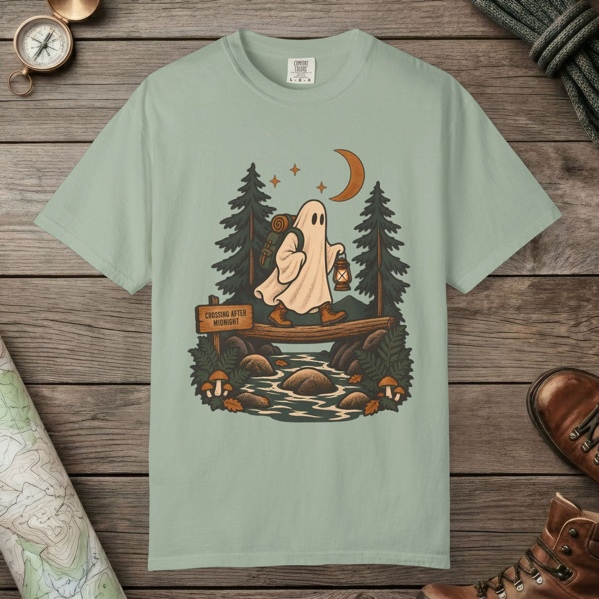 Bay color unisex graphic t-shirt with "Crossing After Midnight" design
