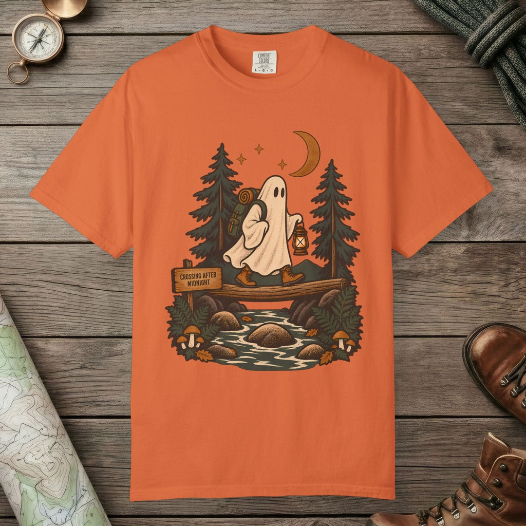 Burnt Orange color unisex graphic t-shirt with "Crossing After Midnight" design