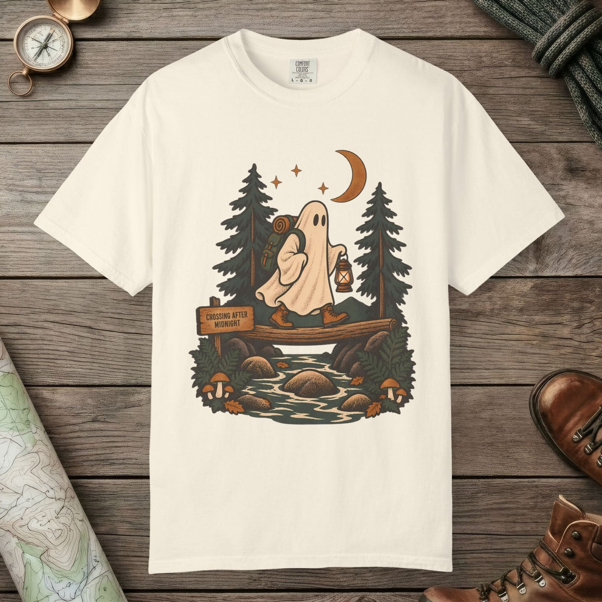 Ivory color unisex graphic t-shirt with "Crossing After Midnight" design