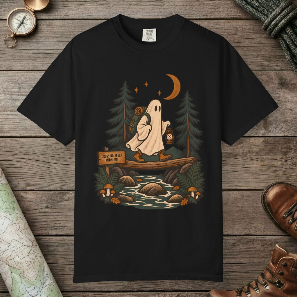 Black color unisex graphic t-shirt with "Crossing After Midnight" design