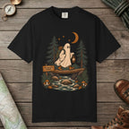 Black color unisex graphic t-shirt with "Crossing After Midnight" design
