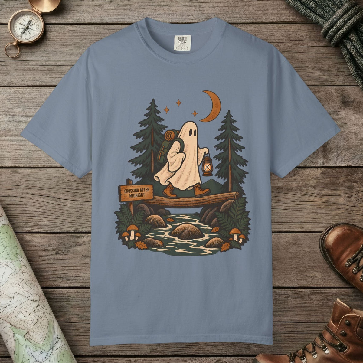 Blue Jean color unisex graphic t-shirt with "Crossing After Midnight" design