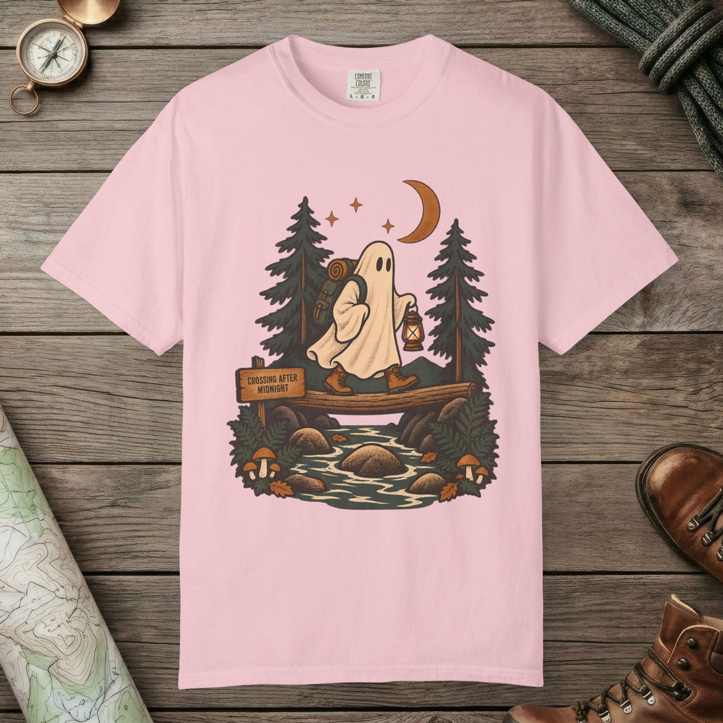 Blossom color unisex graphic t-shirt with "Crossing After Midnight" design