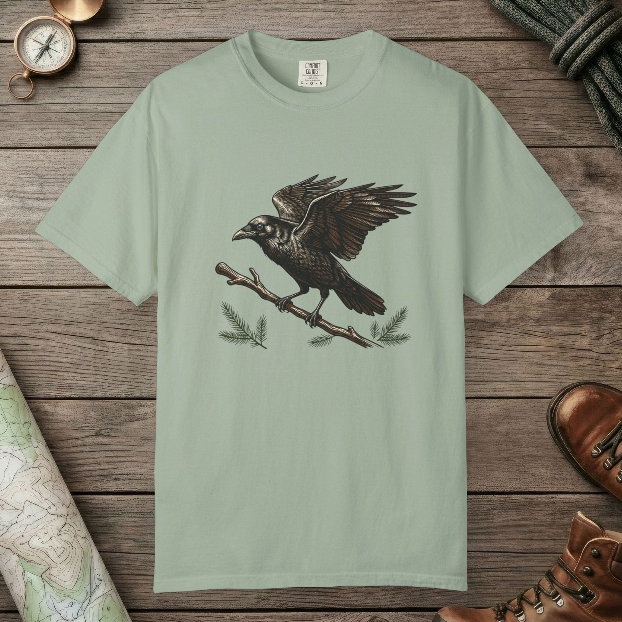 Bay color unisex graphic t-shirt with "Crow Spirit" design