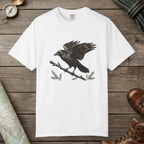 White color unisex graphic t-shirt with "Crow Spirit" design