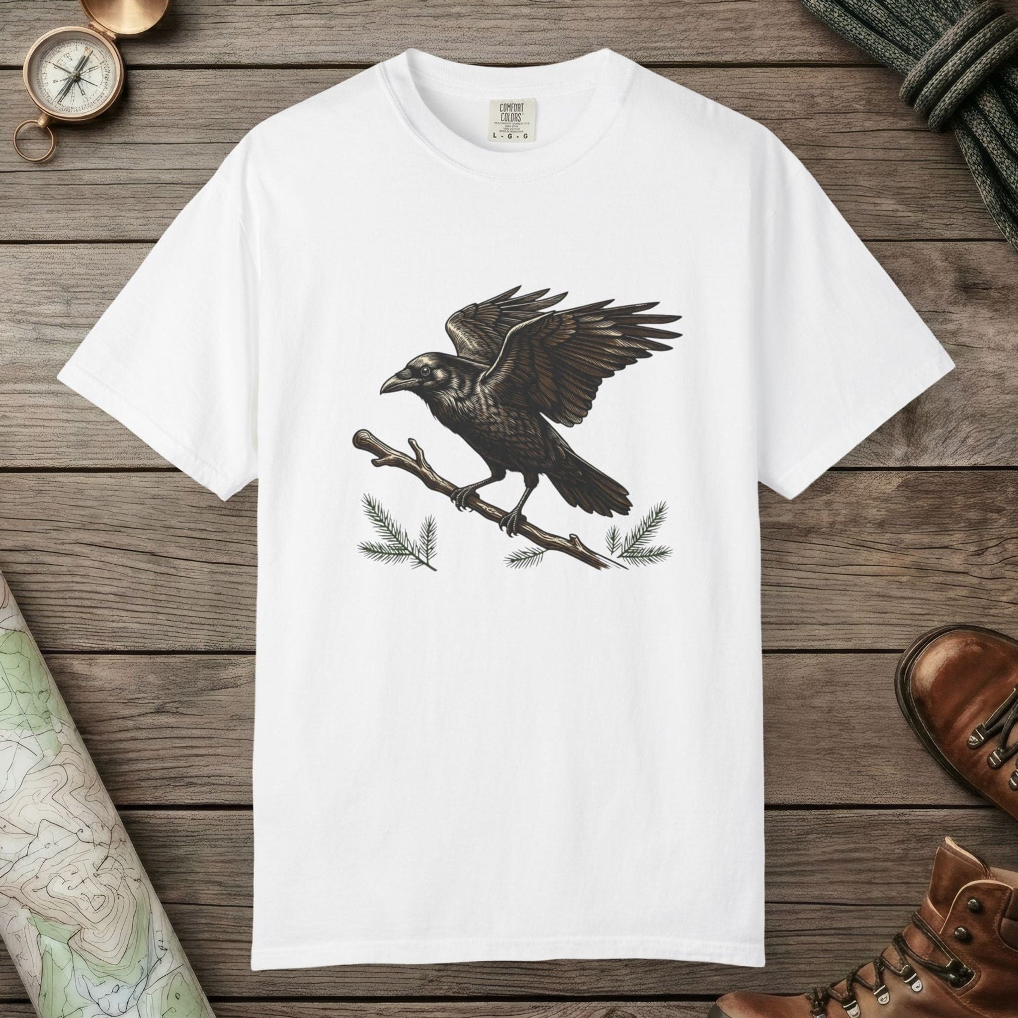 White color unisex graphic t-shirt with "Crow Spirit" design