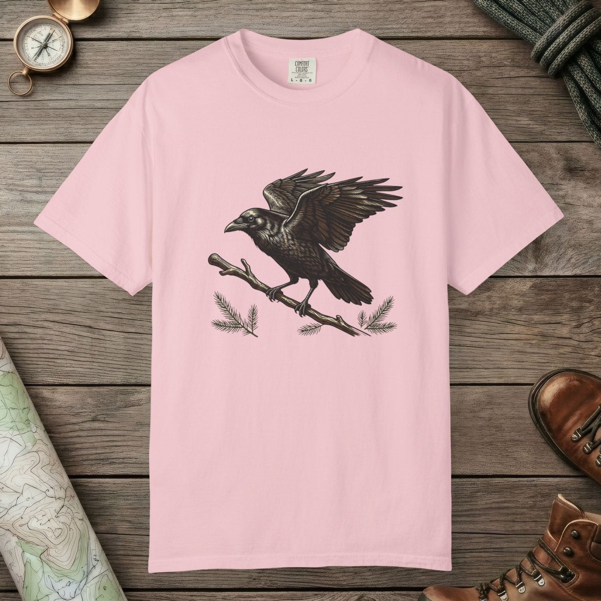 Blossom color unisex graphic t-shirt with "Crow Spirit" design