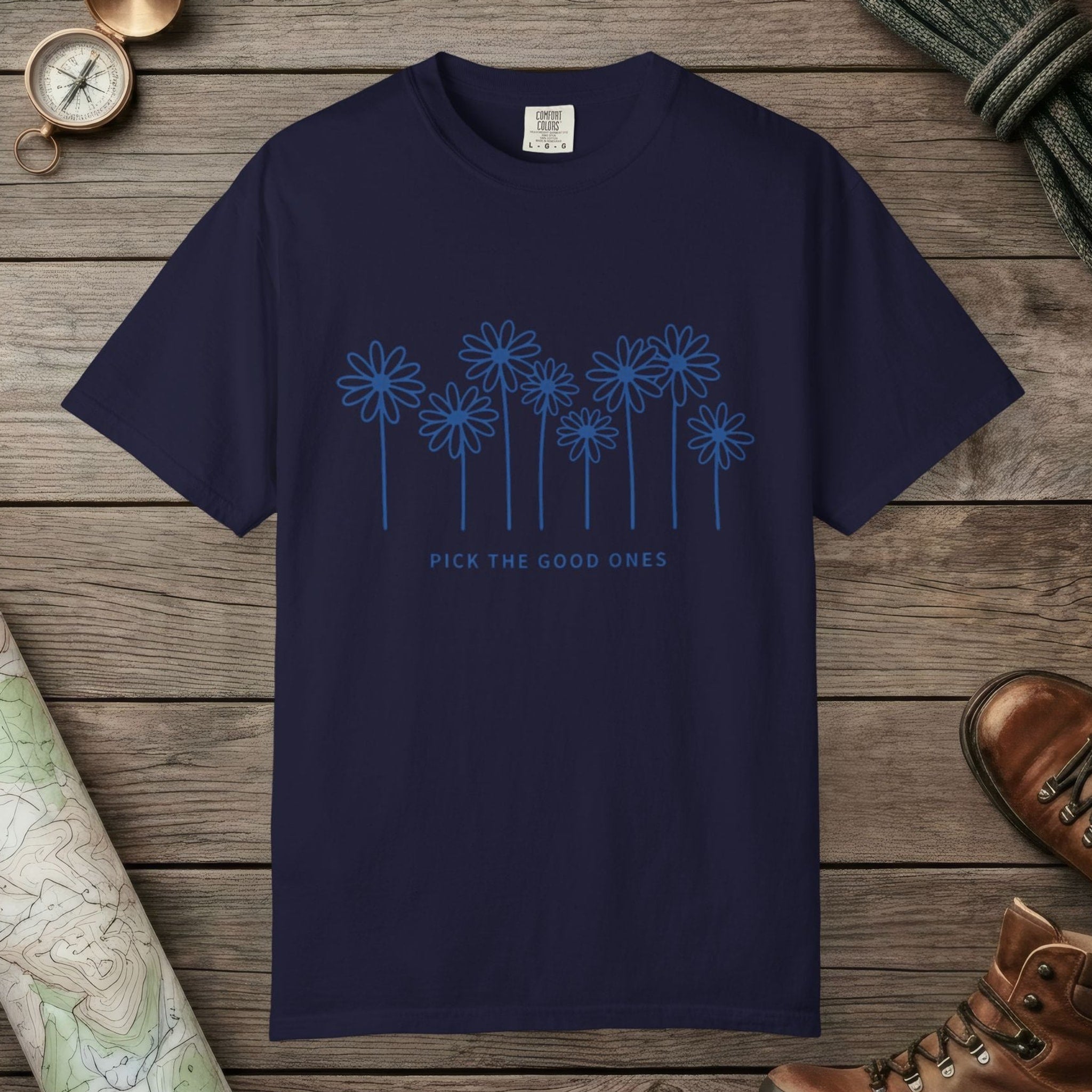 True Navy color unisex graphic t-shirt with "Daisy Field" design