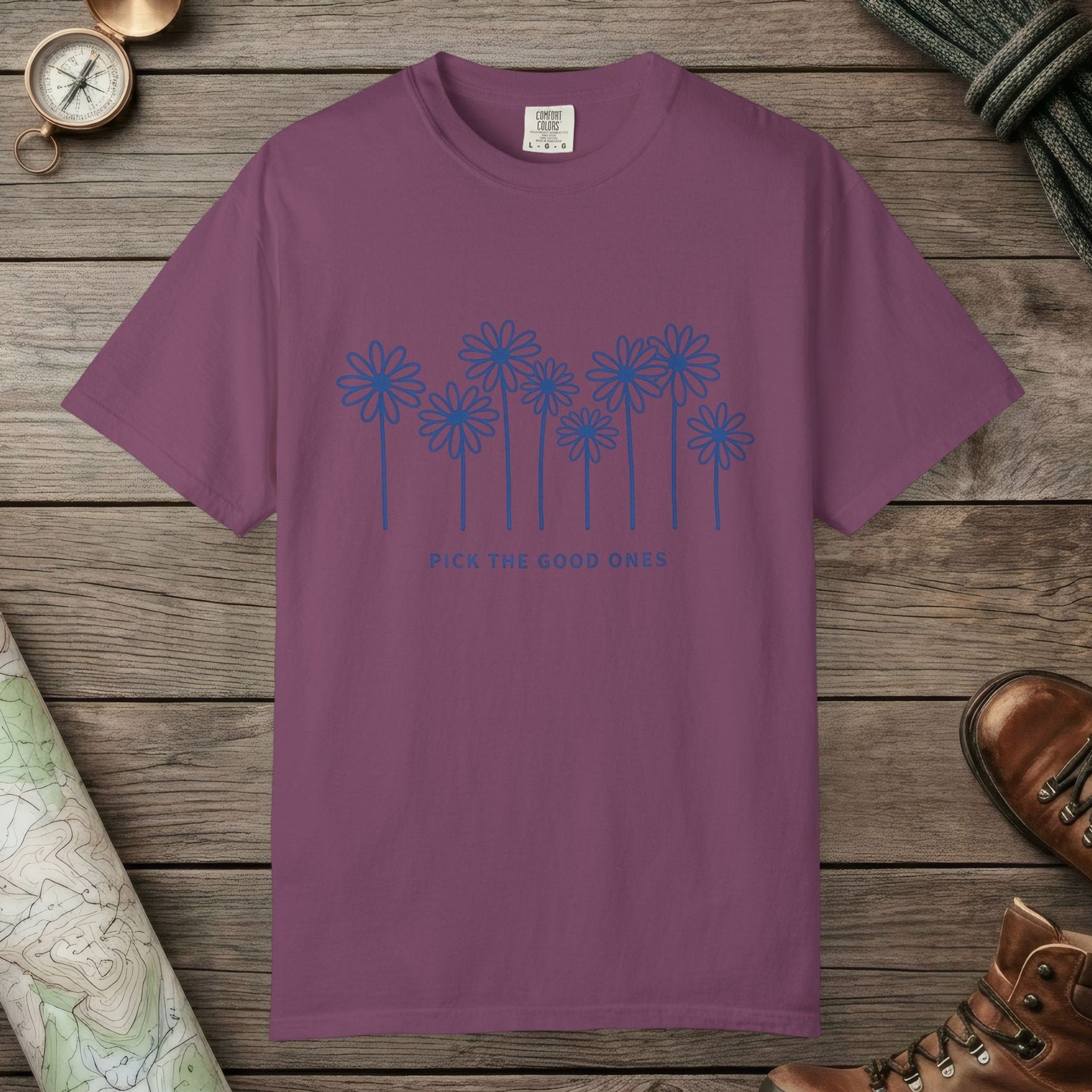 Berry color unisex graphic t-shirt with "Daisy Field" design