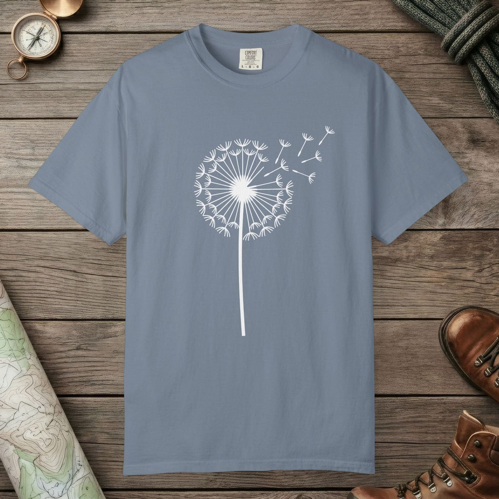 Blue Jean color unisex graphic t-shirt with "Dandelion Wish" design