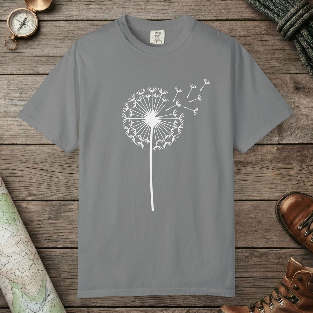 Grey color unisex graphic t-shirt with "Dandelion Wish" design