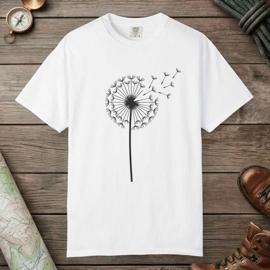 White color unisex graphic t-shirt with "Dandelion Wish" design