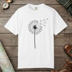 White color unisex graphic t-shirt with "Dandelion Wish" design