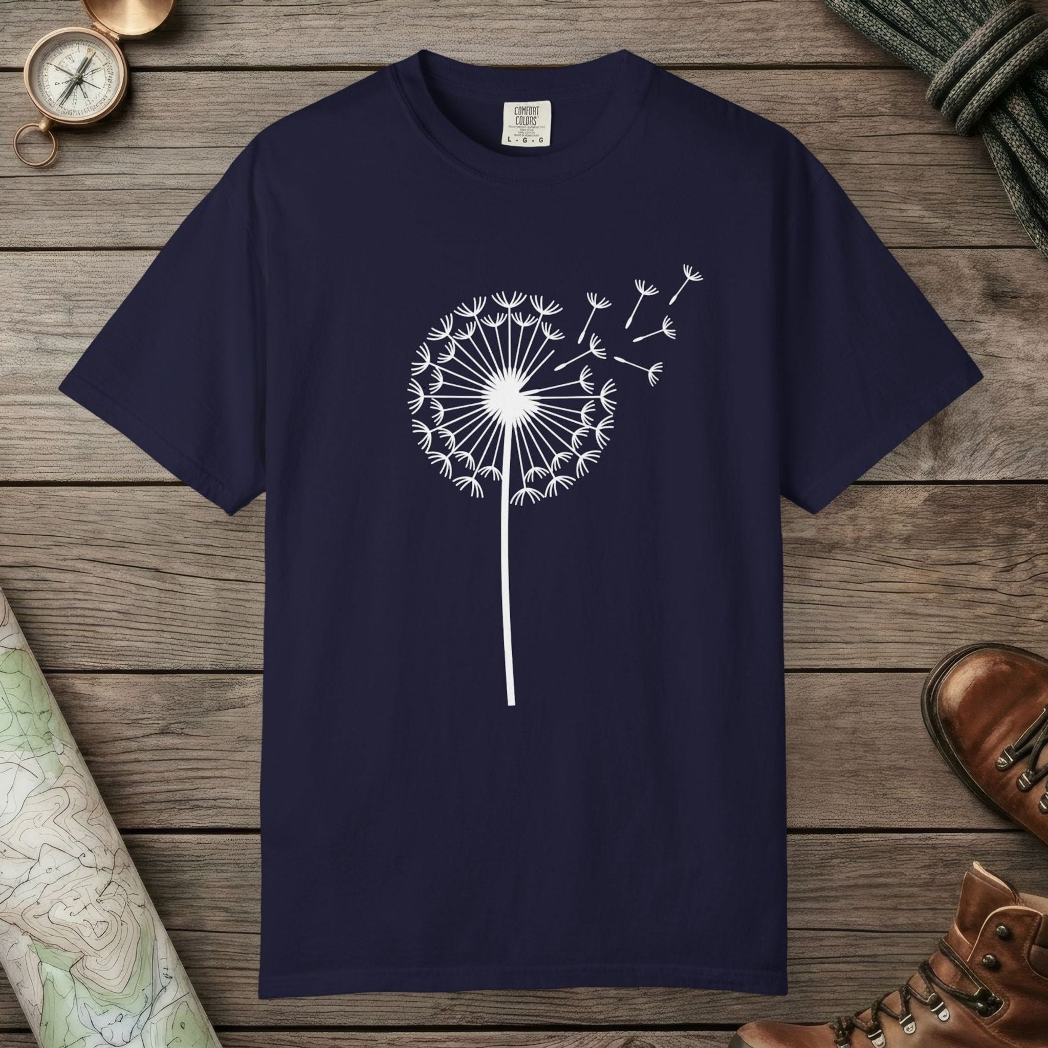 True Navy color unisex graphic t-shirt with "Dandelion Wish" design