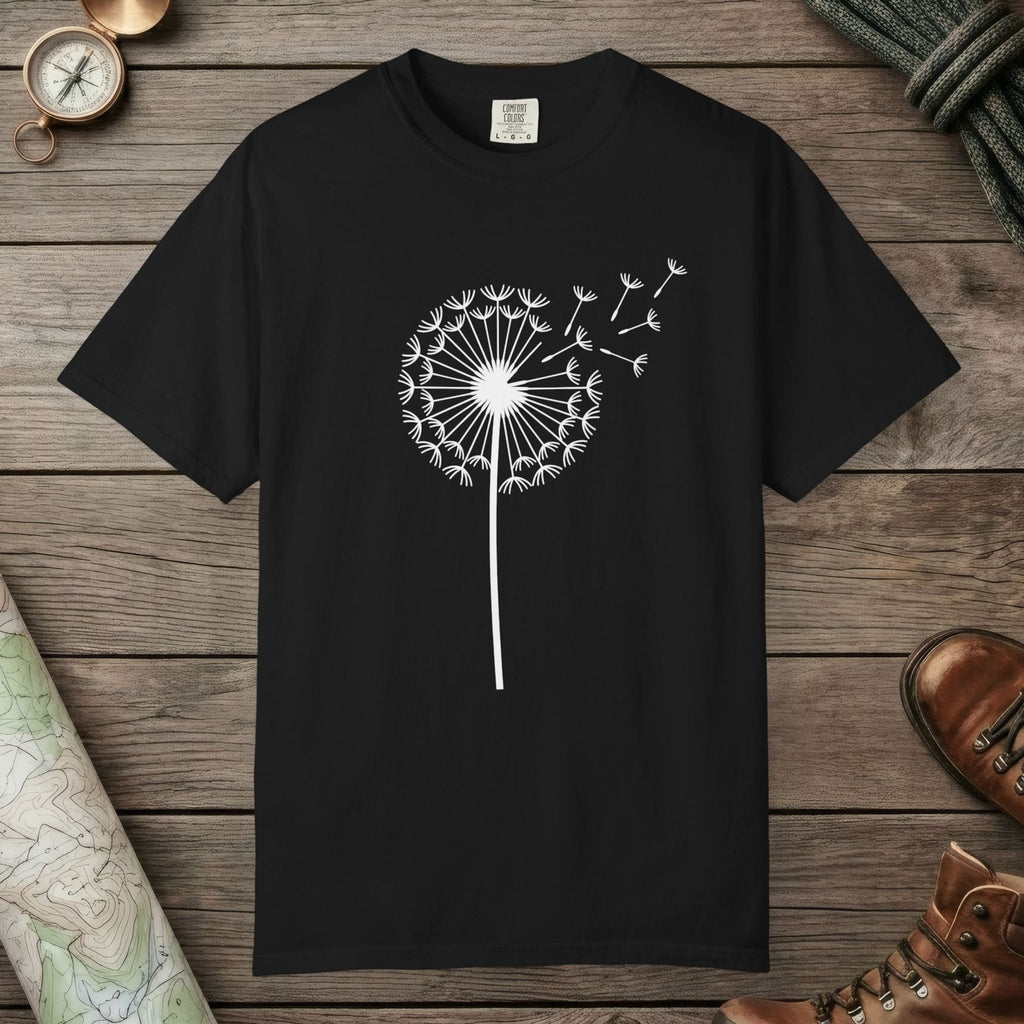 Black color unisex graphic t-shirt with "Dandelion Wish" design