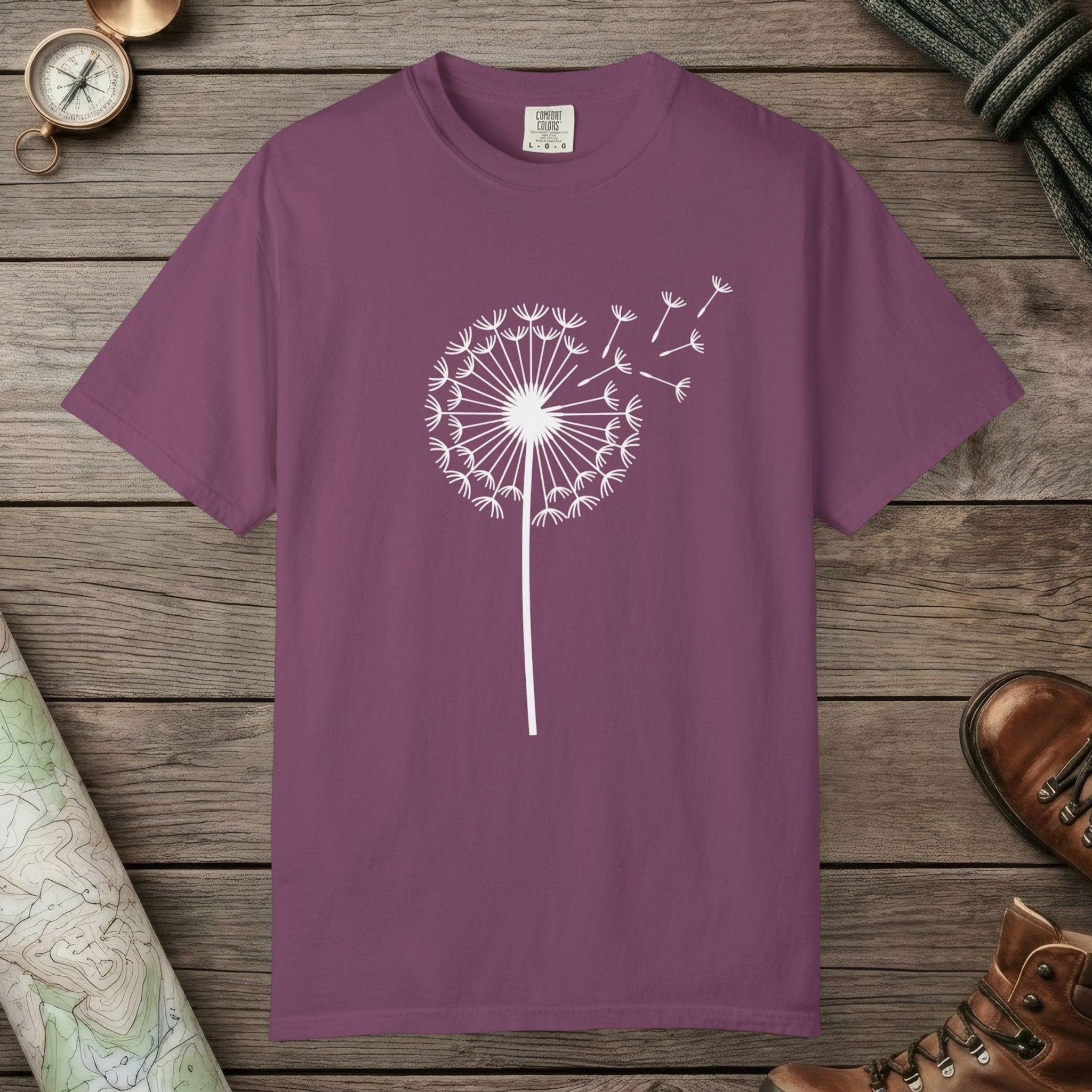 Berry color unisex graphic t-shirt with "Dandelion Wish" design