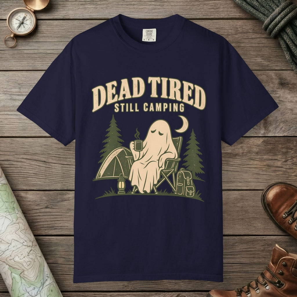 True Navy color unisex graphic t-shirt with "Dead Tired" design