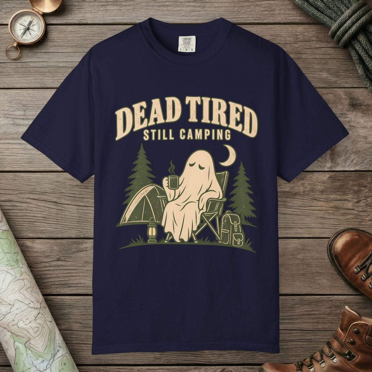 True Navy color unisex graphic t-shirt with "Dead Tired" design