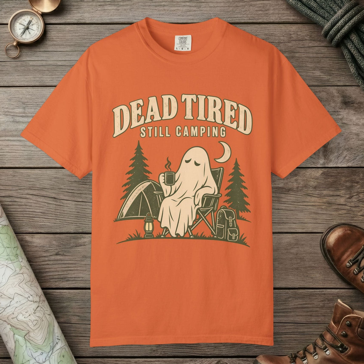 Burnt Orange color unisex graphic t-shirt with "Dead Tired" design