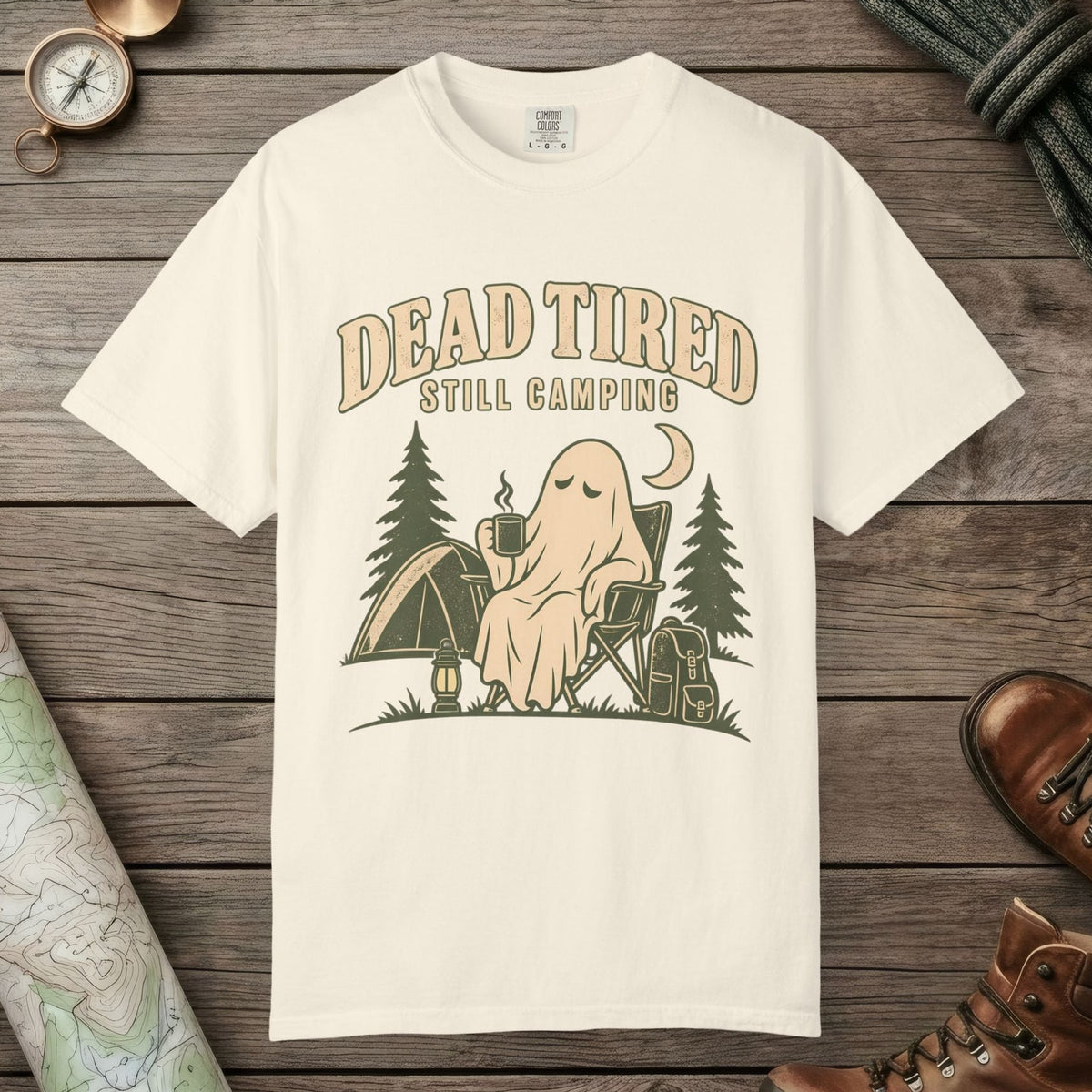 Ivory color unisex graphic t-shirt with "Dead Tired" design